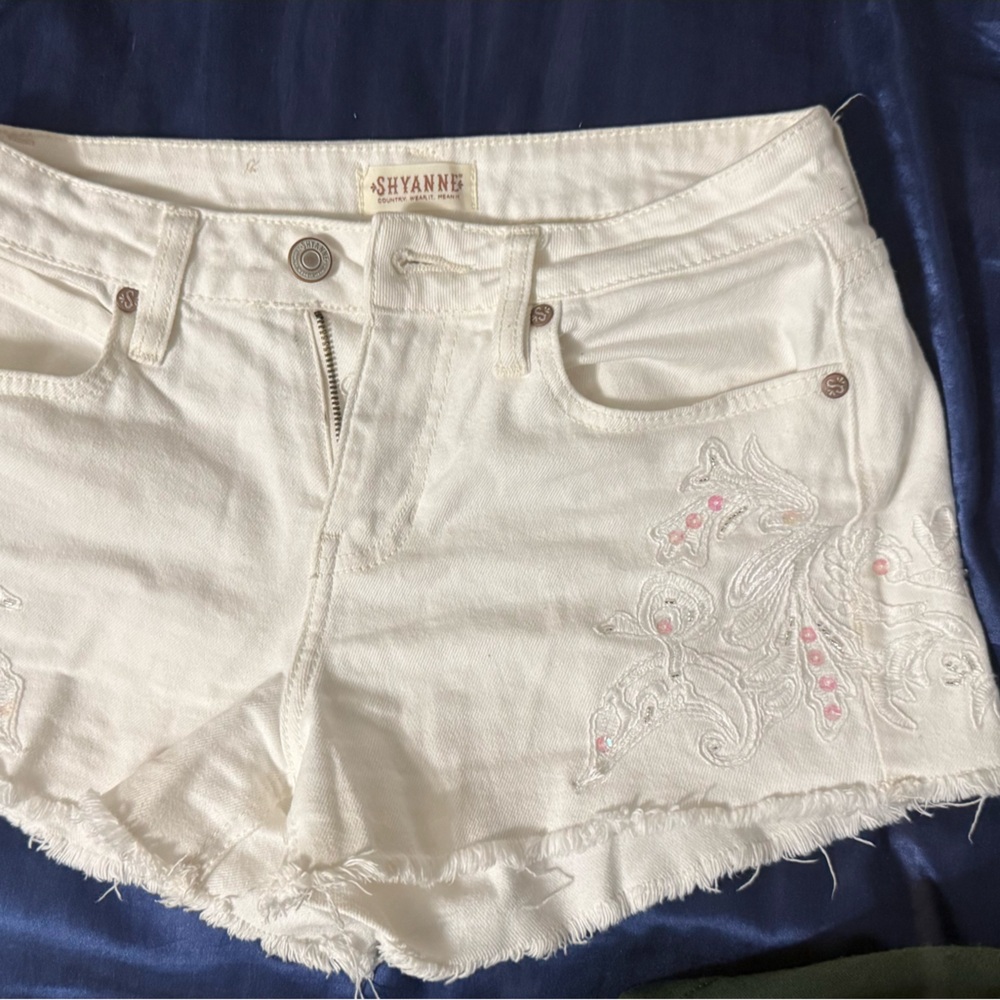 Women's White Embroidered Shorts